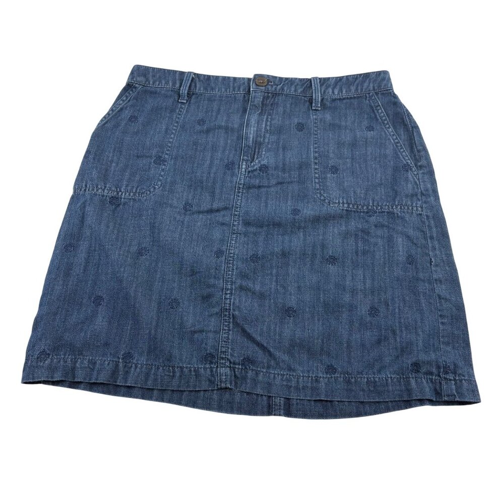 Talbots Petite Denim Embroidered‎ Skirt Size 8P Cotton & Lyocell Chambray